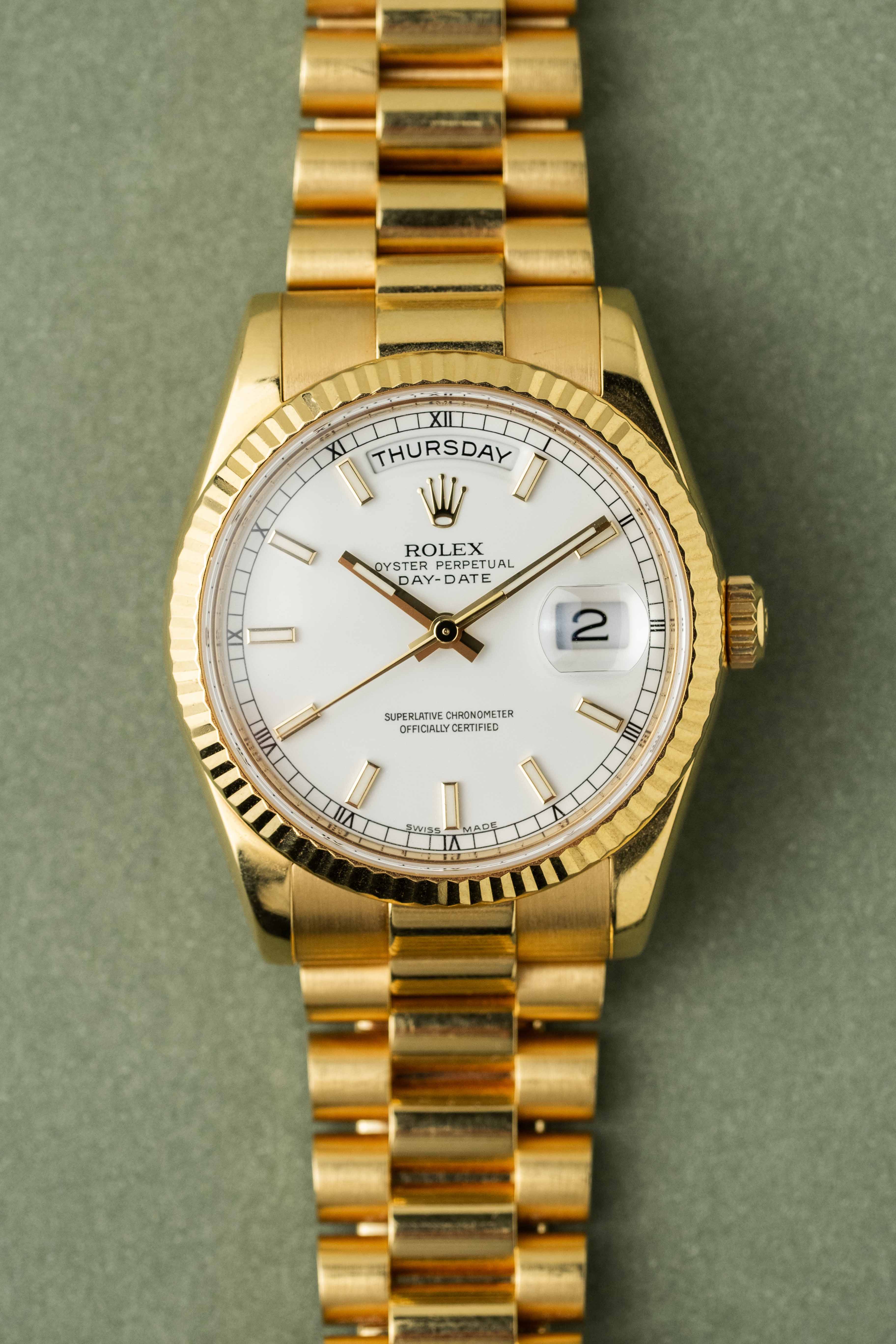 Rolex Day-Date Ref. 118238 ‘White’ Dial 2016 w/ Box, Papers & Service Papers