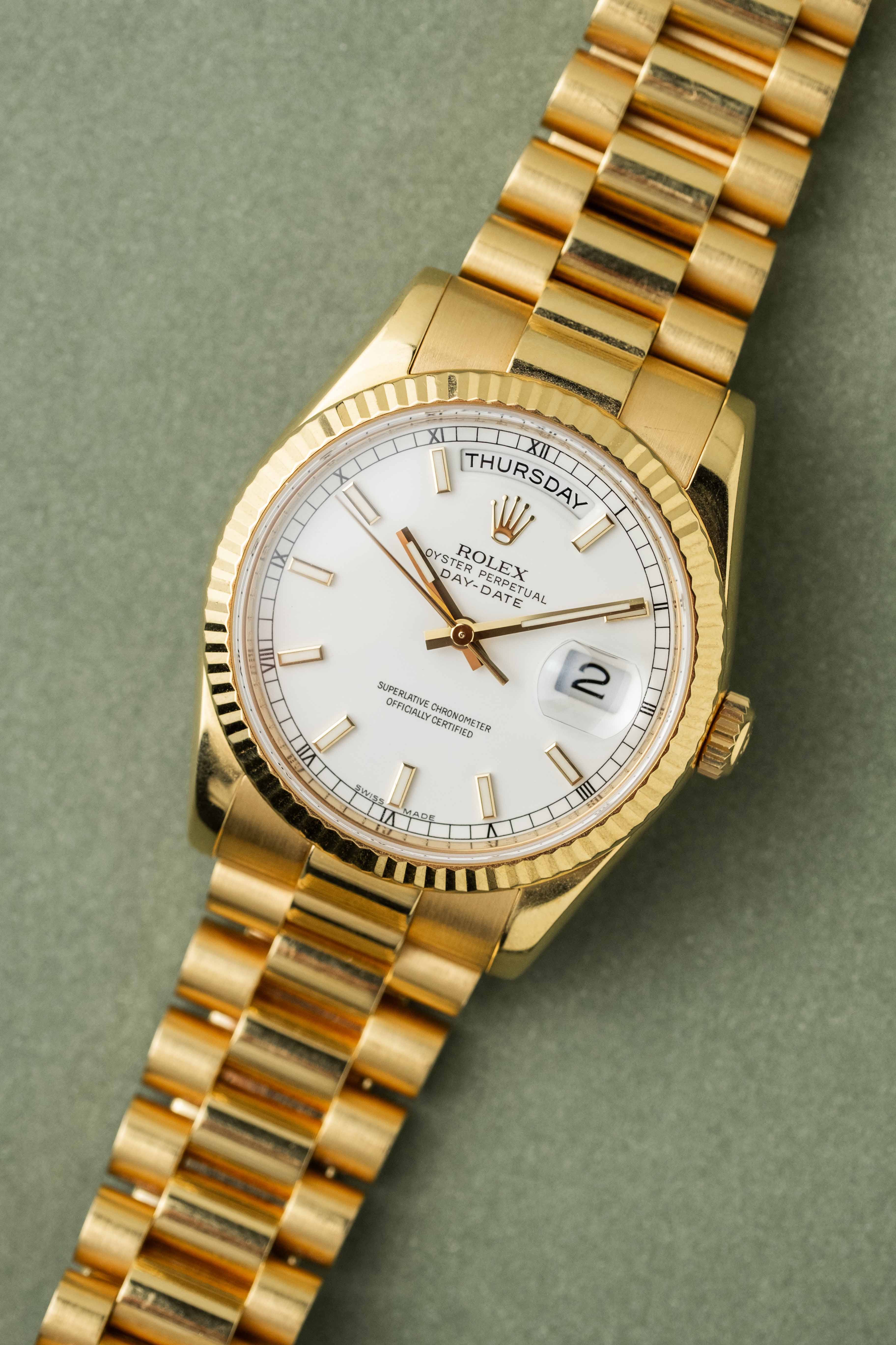 Rolex Day-Date Ref. 118238 ‘White’ Dial 2016 w/ Box, Papers & Service Papers