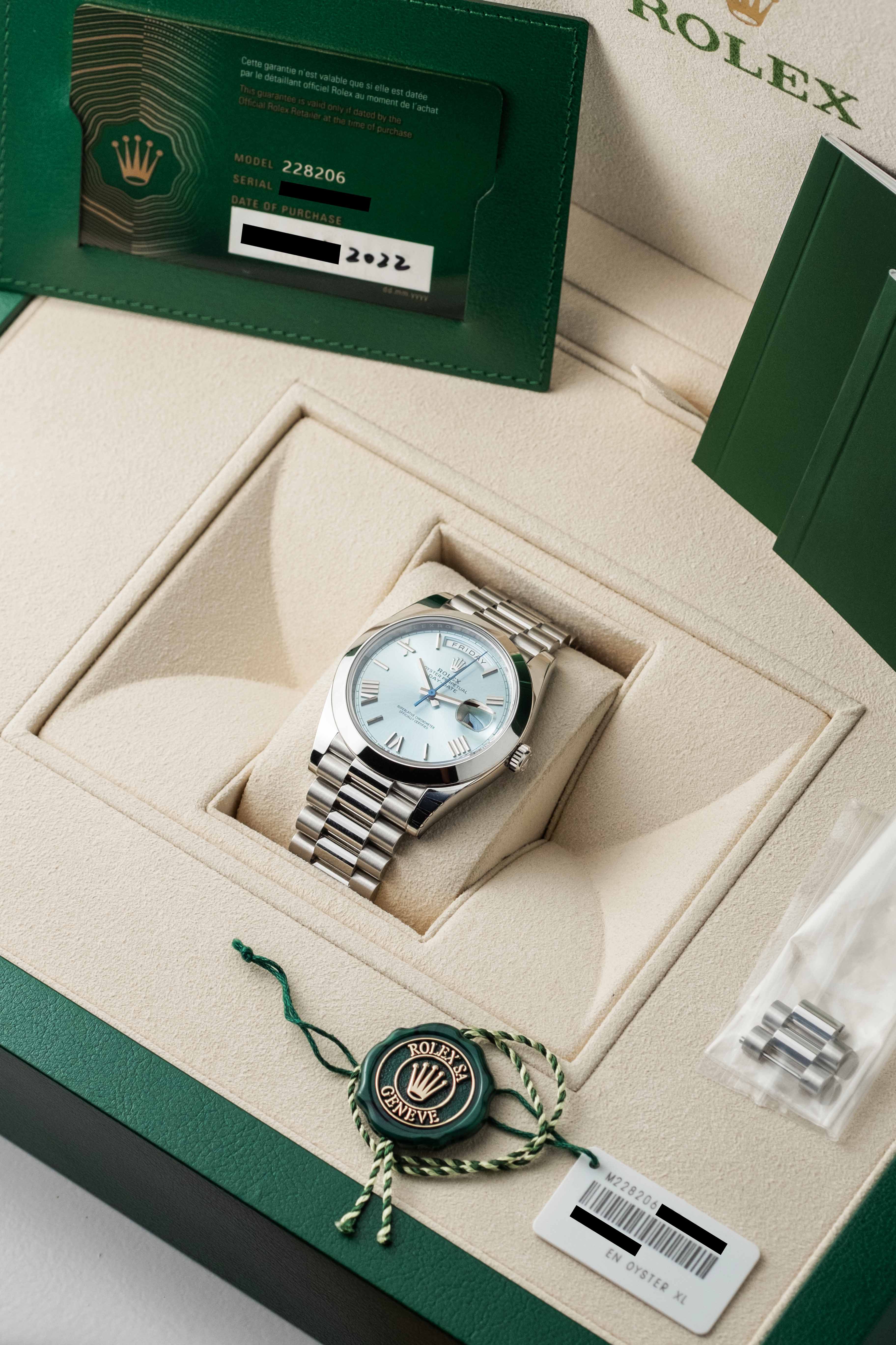 Rolex Day-Date 40 Platinum Ref. 228206 'Ice Blue' Dial 2022 w/ Box & Papers