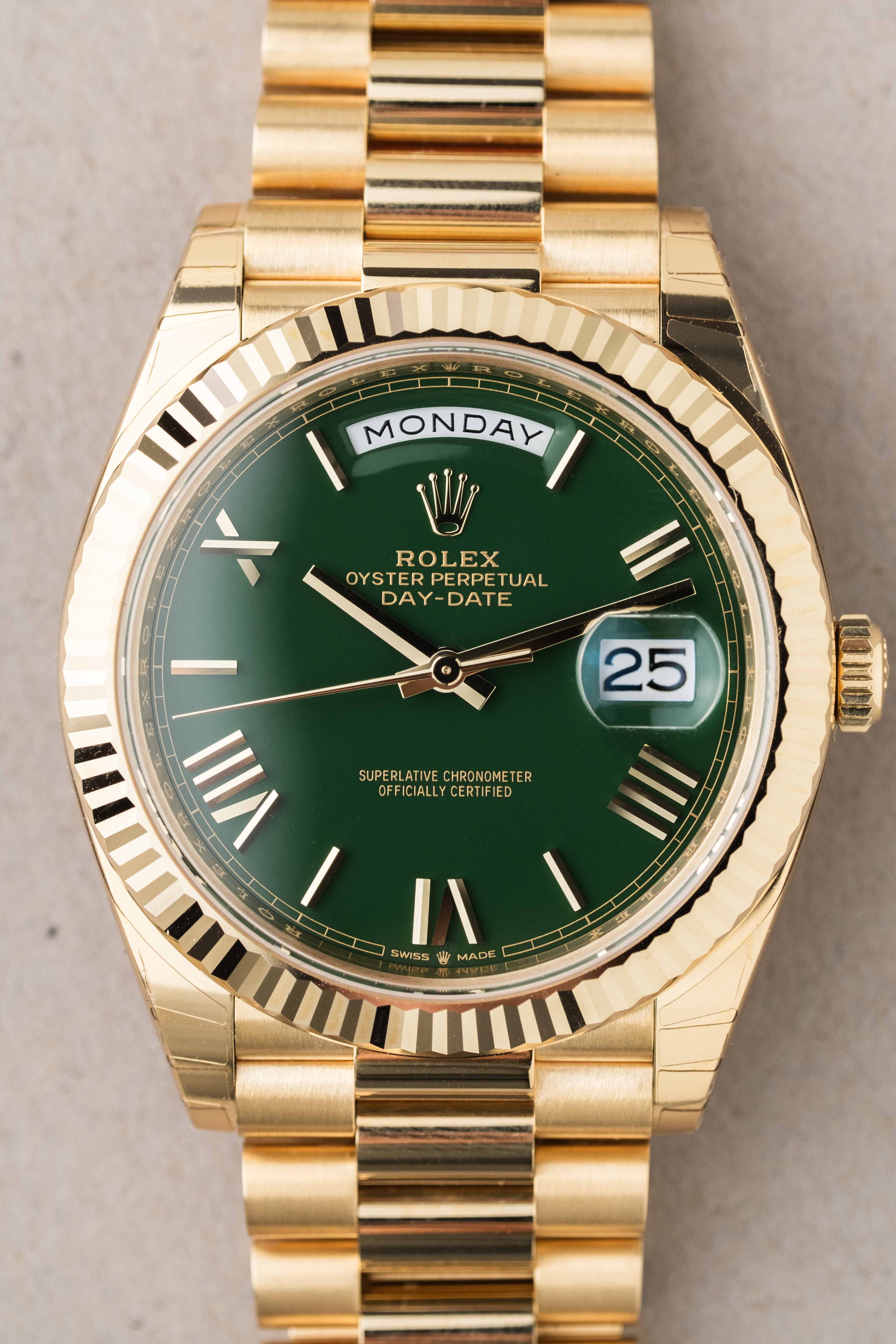 Rolex Day-Date 40 'Green Lacquer' Dial Ref. 228238 2023 w/ Box & Papers