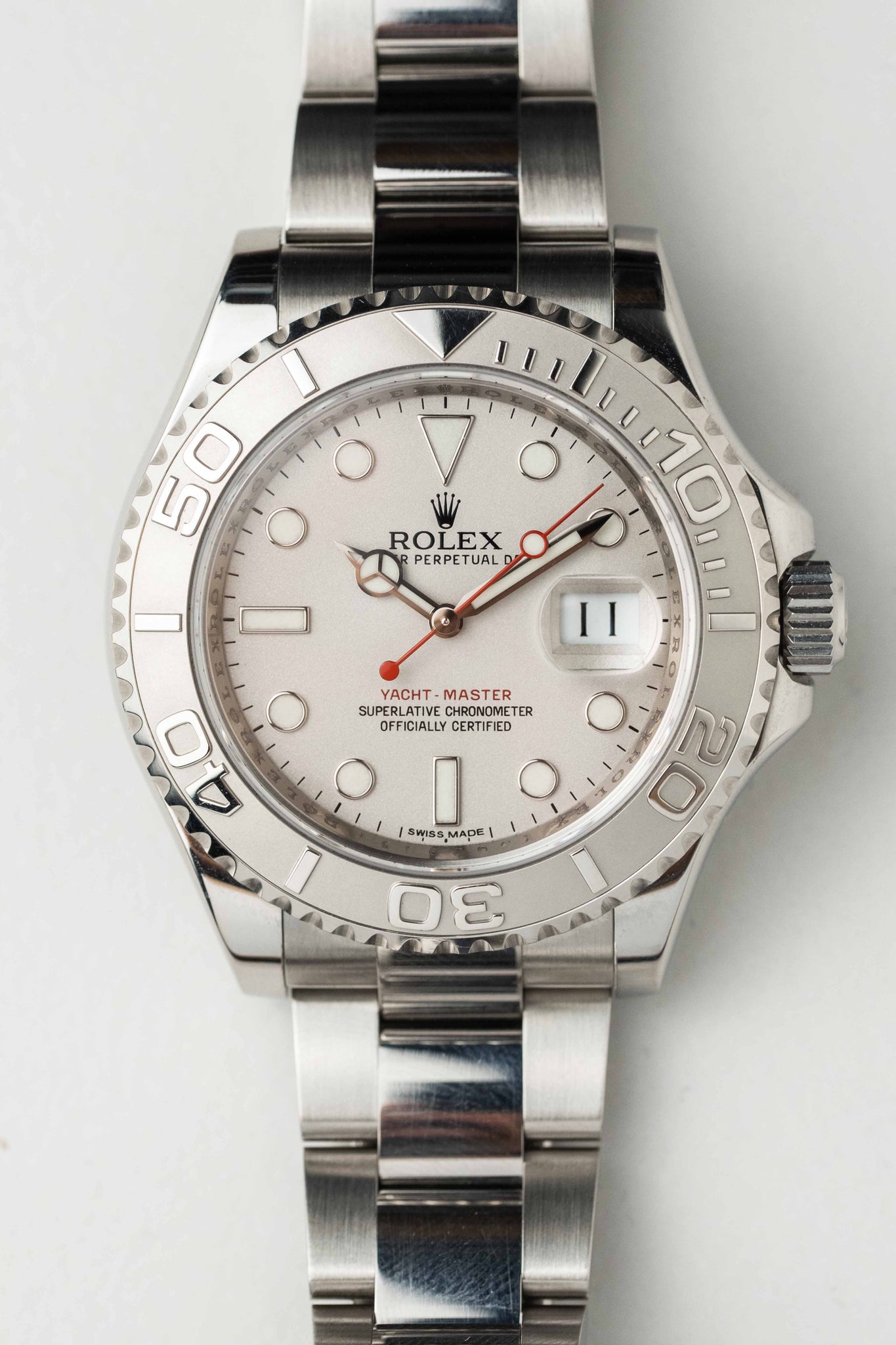Rolex Yacht-Master 'Platinum' Dial Ref. 116622 2013 w/ Box & Papers Dial Detail Photo